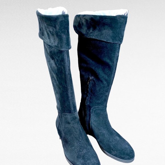 Boho Chic Cuffed Black Suede 16”  Boots Comfy 1” Heel Made in Italy Sz 40 9.5 - Picture 2 of 8